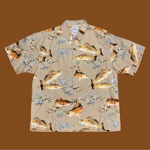 Guy Harvey AFTCO Bluewater Button Up Red Fish Hawaiian Camp Tan Shirt Mens 2X